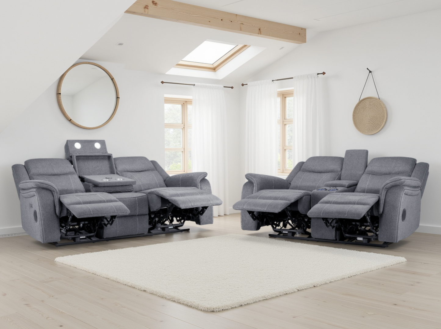 Galaxy Tech Electric Recliner Sofa Grey Fabric 3+2 Set