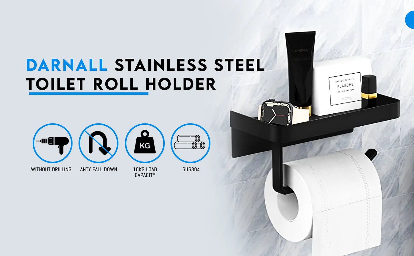 Darnall Black Toilet Roll Holder with Shelf Two Installation Options Self Adhesive & Wall Mounted - Rustproof Stainless Steel Toilet Paper Holder for Bathroom & Kitchen Darnall Furniture