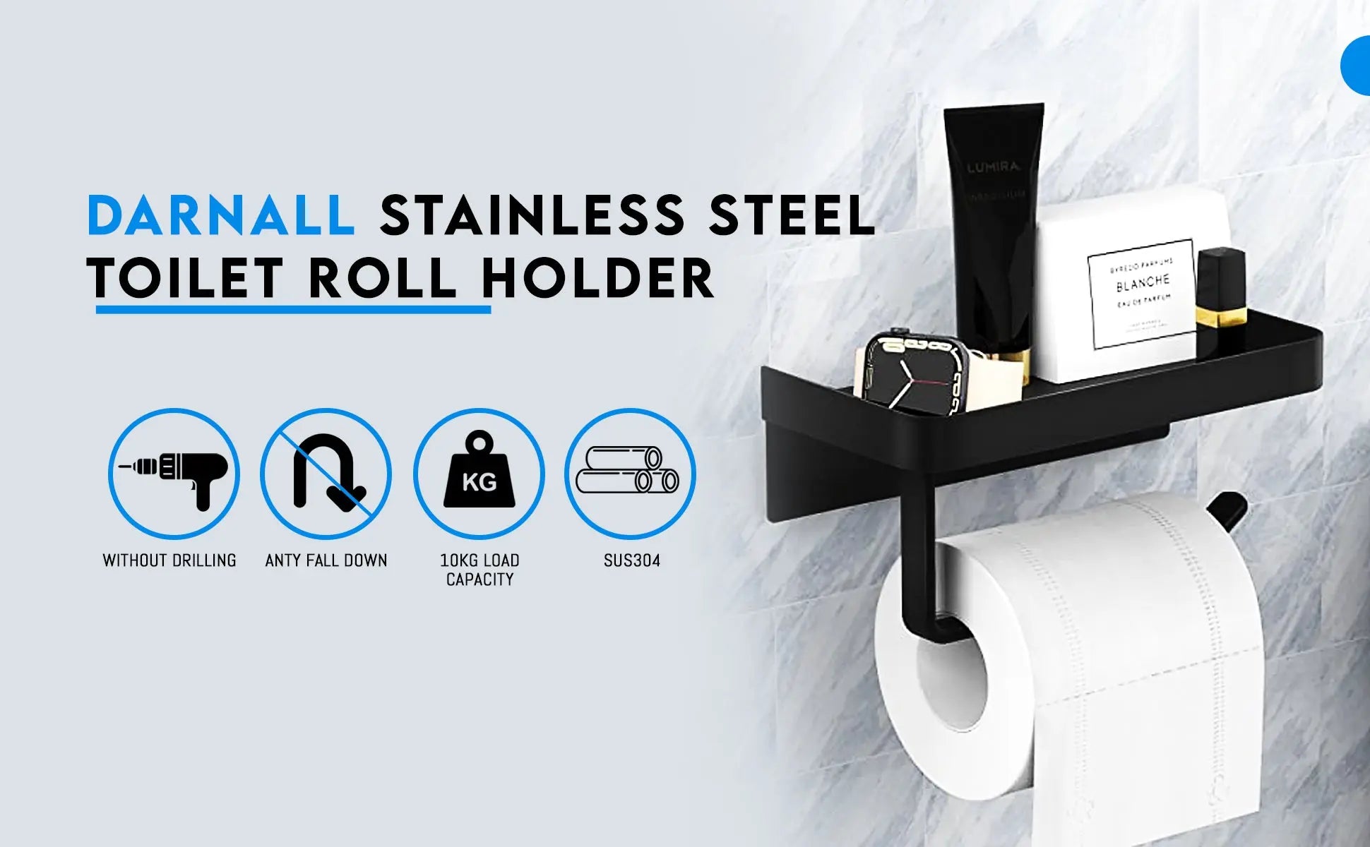 Darnall Black Toilet Roll Holder with Shelf Two Installation Options Self Adhesive & Wall Mounted - Rustproof Stainless Steel Toilet Paper Holder for Bathroom & Kitchen Darnall Furniture
